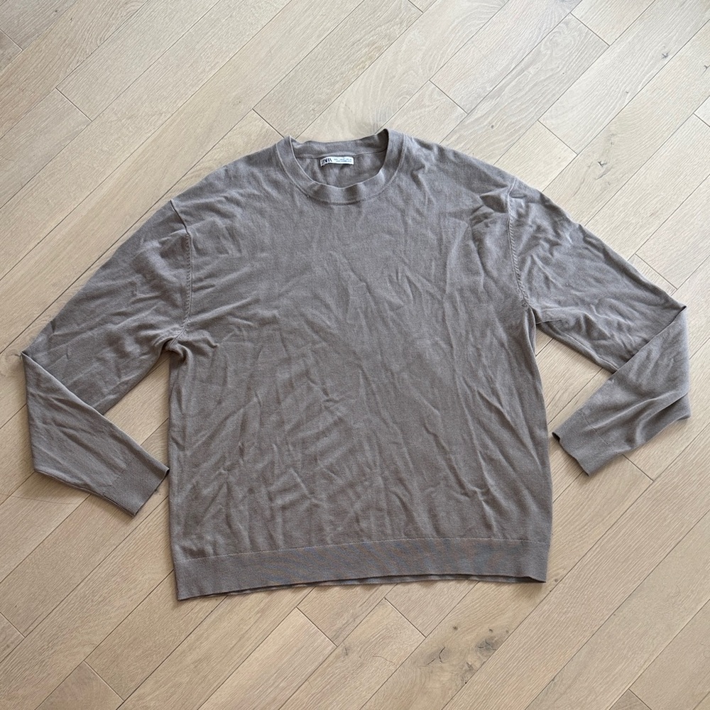 Zara Light Knit Pullover Sweater Long Sleeve Size Large Grey/Beige